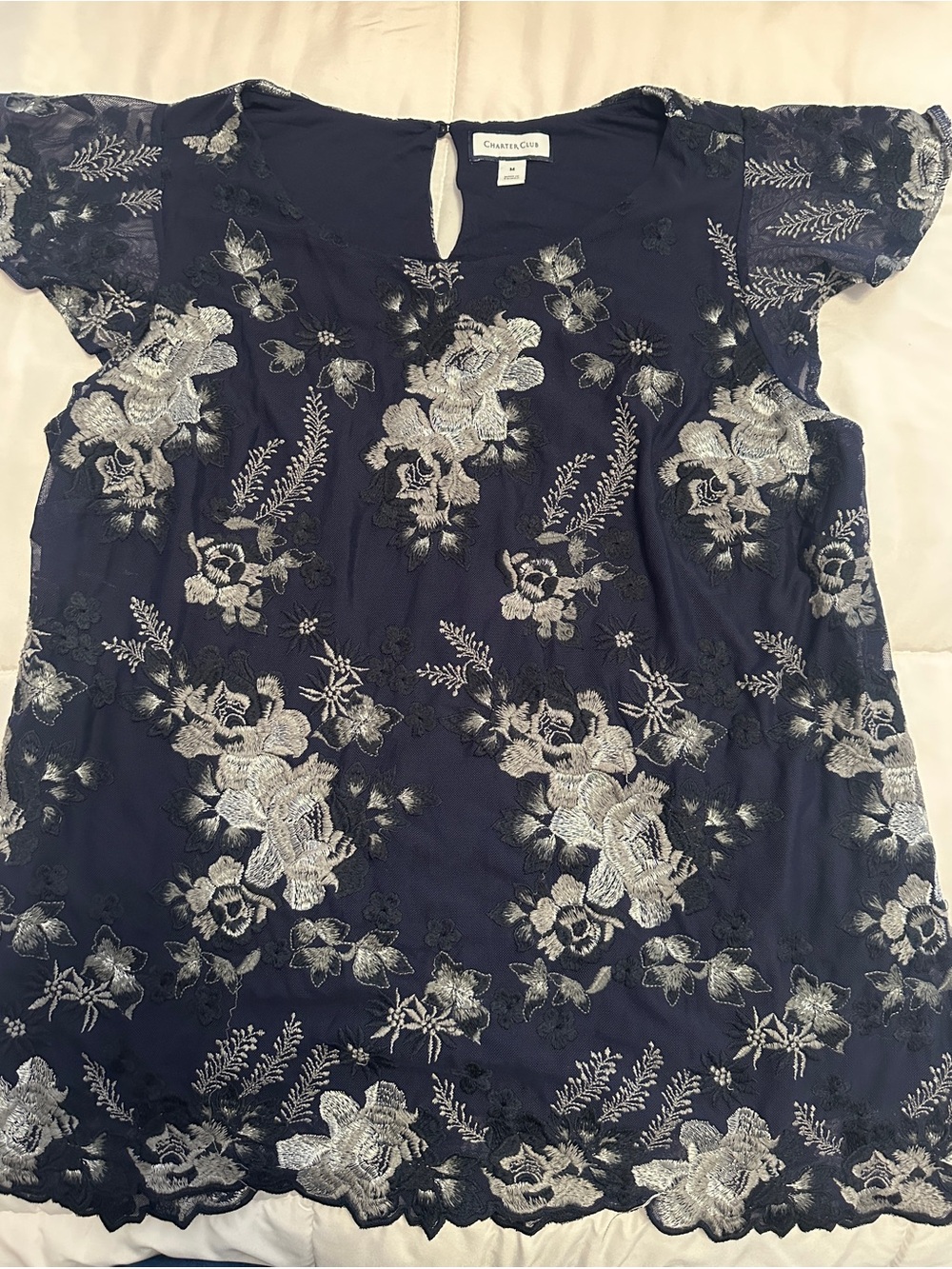 Charter Club Navy Blouse with Silver Floral Embroidery